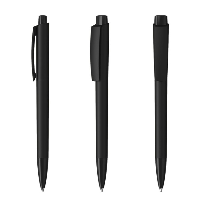 Three sleek black plastic pens with a high gloss finish and varying clip designs, accompanied by branding.