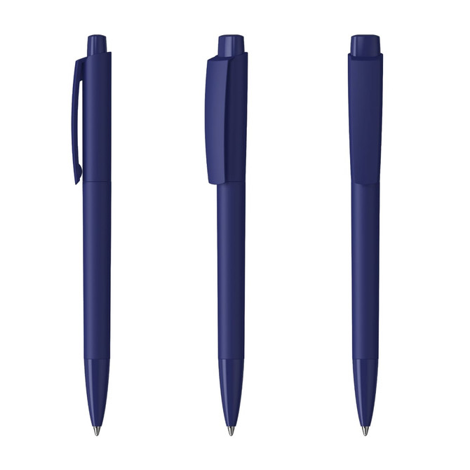 A set of navy blue plastic pens with a high gloss finish and a simple design. Each pen features a clip and cap.