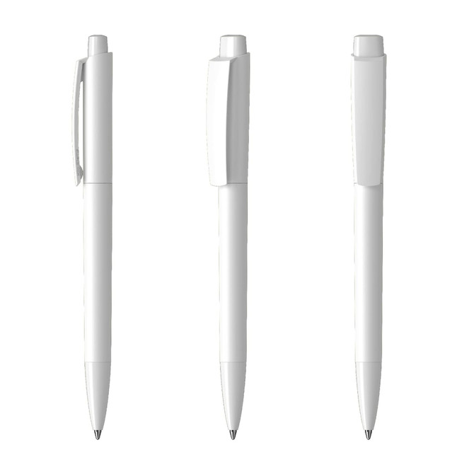 A white plastic pen with a sleek design, featuring a clip and a retractable mechanism. Includes a logo.