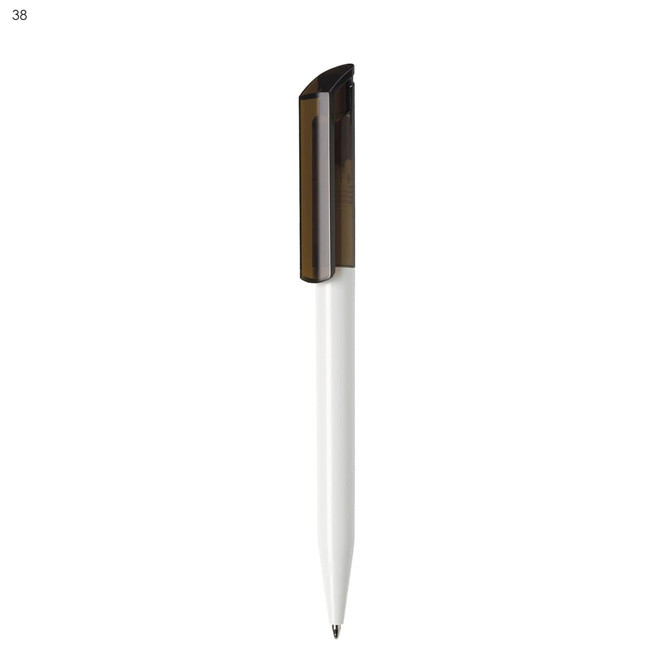 A plastic pen with a white barrel and a dark brown clip, featuring a logo on the clip.