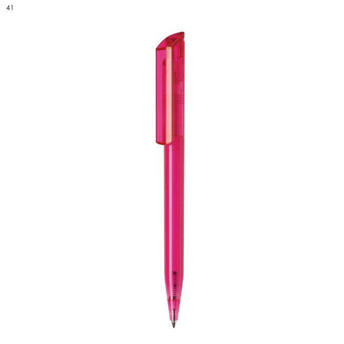 A pink plastic pen with a transparent body and a matching cap, featuring a logo on the side.