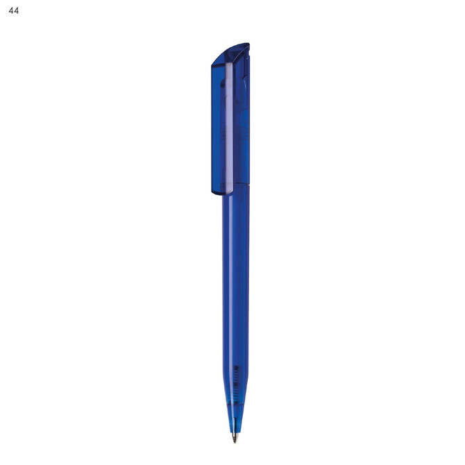 A blue plastic pen with a transparent barrel and a capped design. It features a logo on the side.