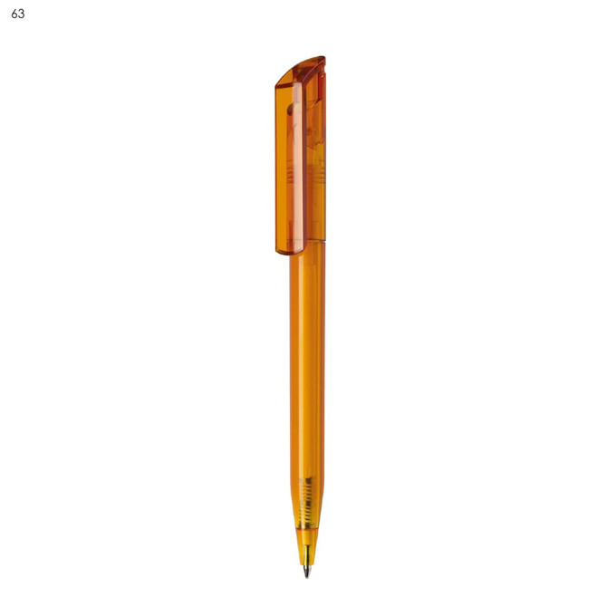 An orange plastic pen with a translucent cap and a black tip, featuring a logo on its surface.