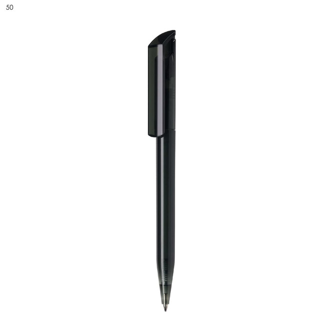 A black plastic pen with a sleek design and a clip for easy attachment. It features a branding logo on the body.