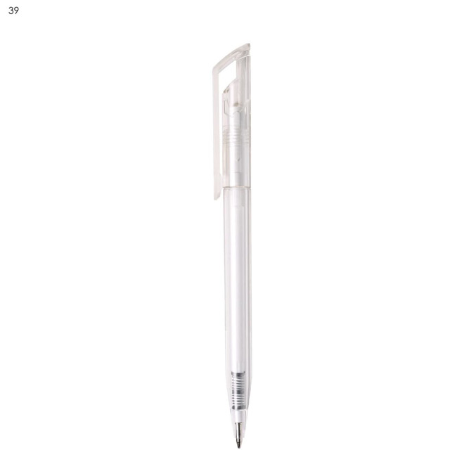 A plastic pen with a clear barrel and a silver nib, featuring a clip on the cap and a simple design.