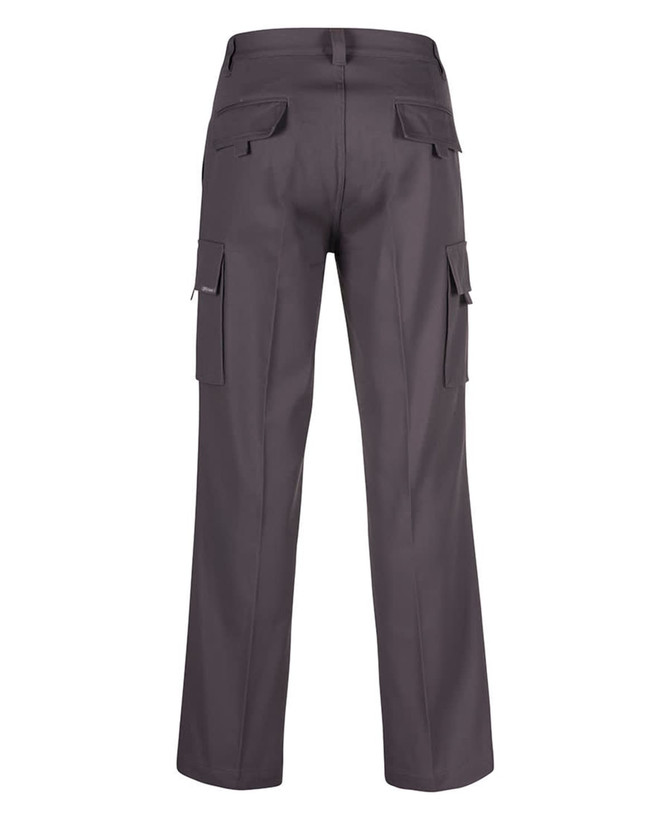 Dark grey cargo pants featuring multiple pockets and a straight-leg design. They have a branded logo.