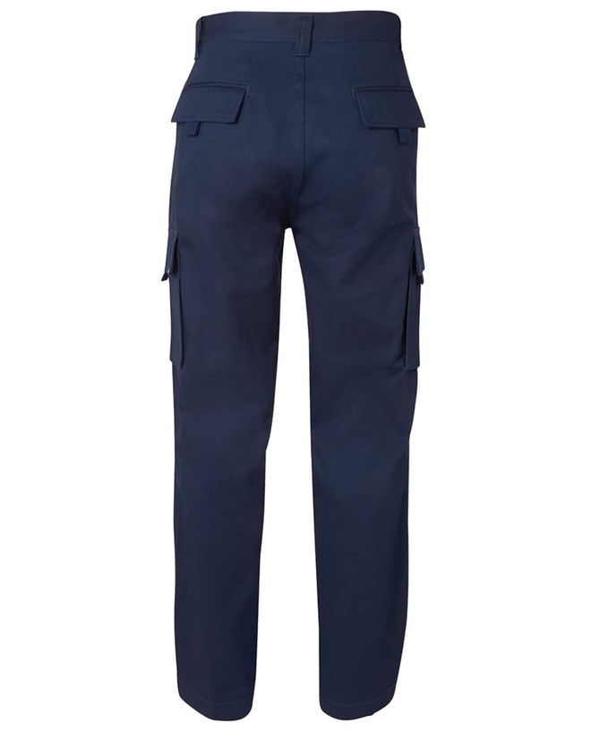 Navy cargo pants featuring multiple side pockets and a plain design, with a logo on the waistband.