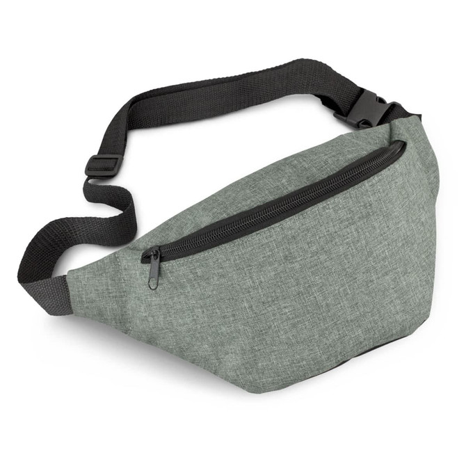 A grey belt bag with a single zippered pocket and an adjustable strap, featuring a branding logo.