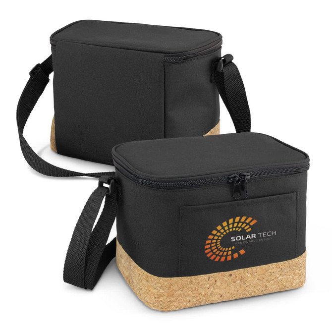A black cooler bag with a cork base and a shoulder strap, featuring a branding logo on the front.