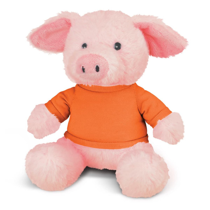 A pink plush pig toy wearing an orange shirt, featuring soft, rounded ears and a cute facial expression.