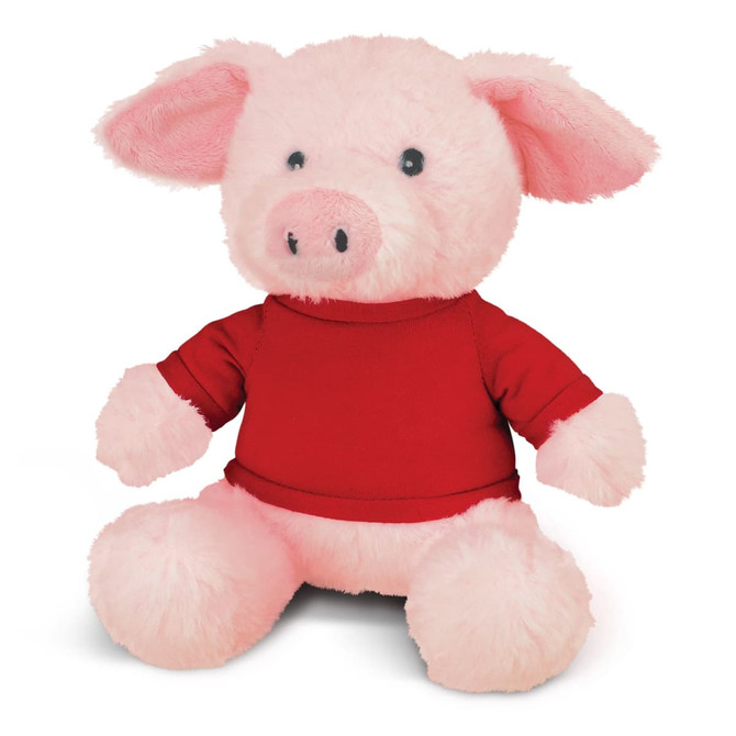 A pink pig plush toy wearing a red shirt, featuring large ears and a soft, cuddly design. It has small black eyes and a round snout.