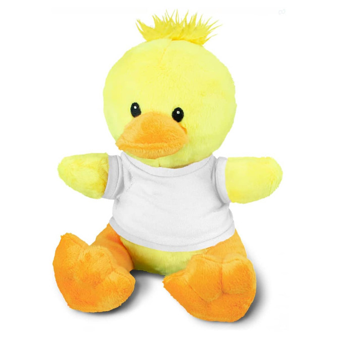 A yellow duck plush toy with an orange beak and feet, wearing a white t-shirt, sitting with a playful expression.