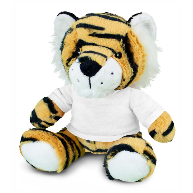 A plush toy tiger with orange and black stripes, featuring a white shirt and its signature fluffy ears.