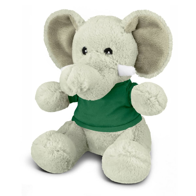 A soft grey elephant plush toy wearing a green shirt, featuring large ears and a friendly expression.