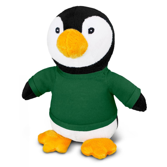 A plush penguin toy with a green shirt, featuring black and white fur and bright orange feet and beak.