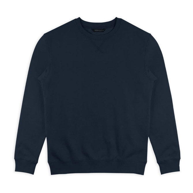 A navy blue unisex sweatshirt featuring a crew neckline and ribbed cuffs. It has a logo or branding on it.