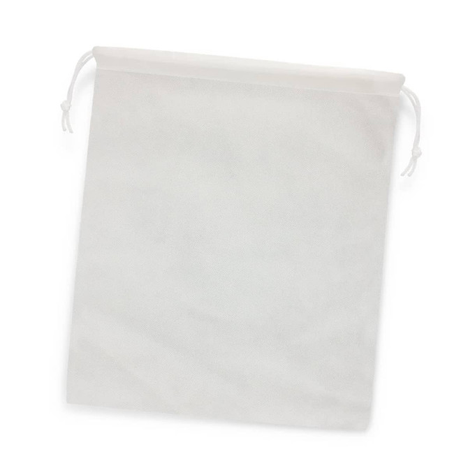A large drawstring gift bag in a light grey colour featuring a pull string closure. It has a simple design and a logo.