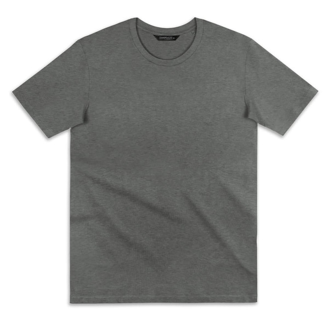 A grey t-shirt featuring a round neckline and short sleeves, with a logo in the neckline area.