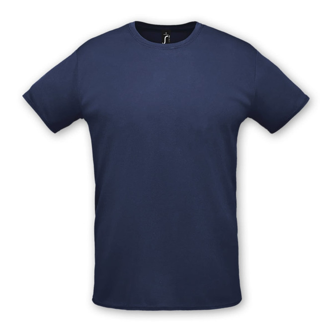 A navy unisex T-shirt with a crew neck and short sleeves, featuring a logo on the neckline.