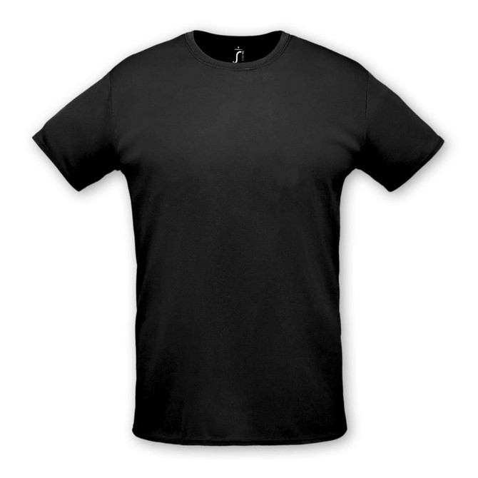 A black unisex T-shirt with a crew neckline and short sleeves, featuring a logo on the neckline.