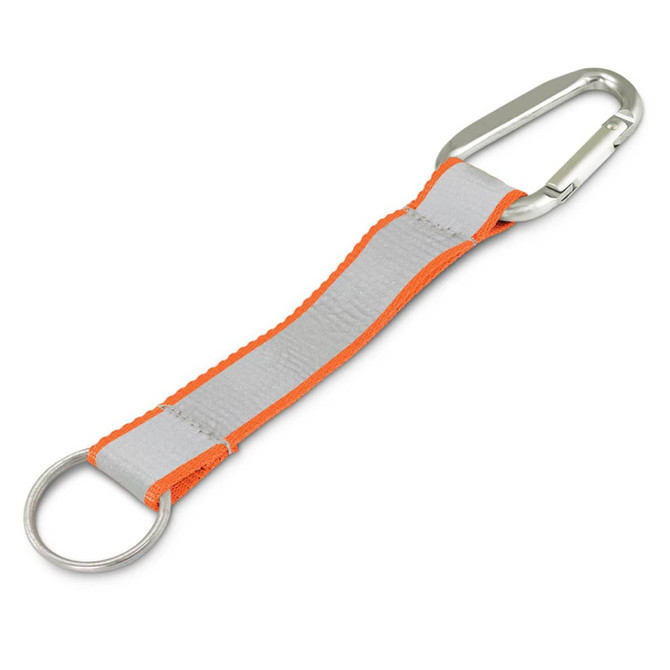 A reflective key ring featuring a silver carabiner, grey strap with orange trim, and a split ring.