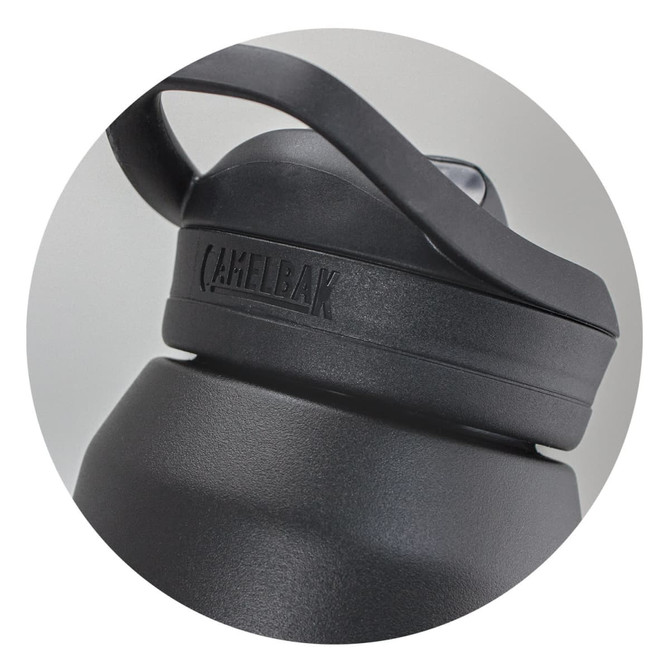 A drink bottle in matte black with a wide mouth and a carry handle, featuring a logo on its side.