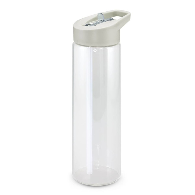 A drink bottle with a clear body and a grey lid, featuring a built-in straw and a logo.
