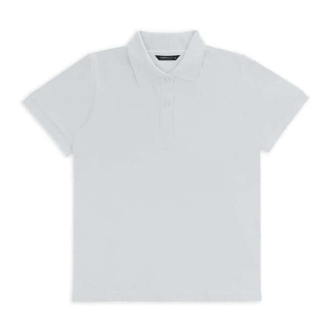 A white women's polo shirt featuring a classic collar and three-button placket, with a logo on the chest.