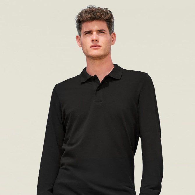 A black long sleeve polo shirt for men, featuring a collar and a branding logo.