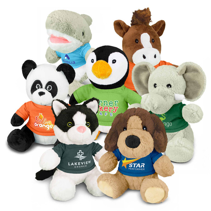 A collection of assorted plush toys including a panda, elephant, dog, and penguin in various colours and shirts.