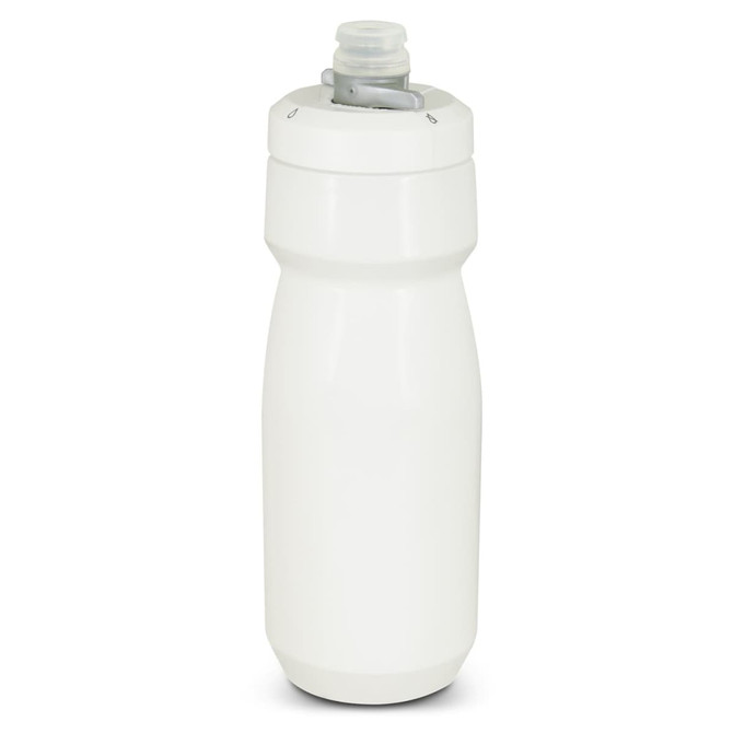 A drink bottle in white, featuring a screw-on lid and a spout, with a logo on the side.