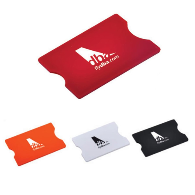 A RFID card holder in red, orange, white, and black, featuring a logo on each.