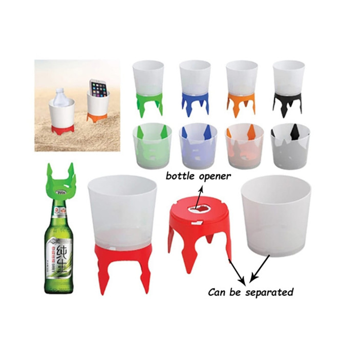 A drink bottle holder featuring a plastic cup in various colours, including red, black, green, blue, and orange, with a bottle opener.