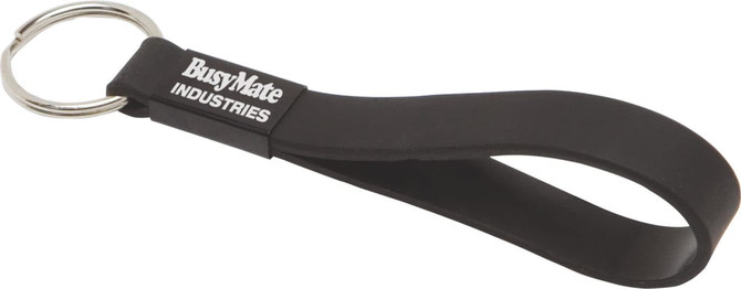 A black silicone sling keyring with a metal ring and logo detail. The design features a flexible loop for easy handling.