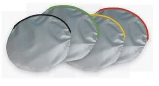 A set of circular sunshades in silver, with outer edges in black, green, yellow, and red. 