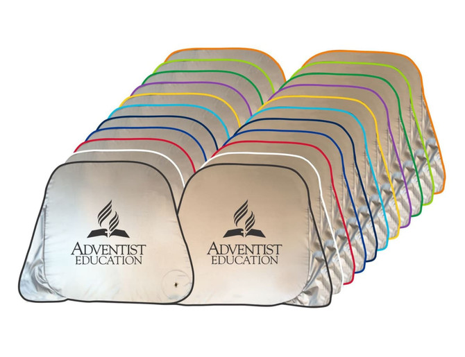 A series of silver sunshades in various colours, featuring a logo, arranged in a neat display.