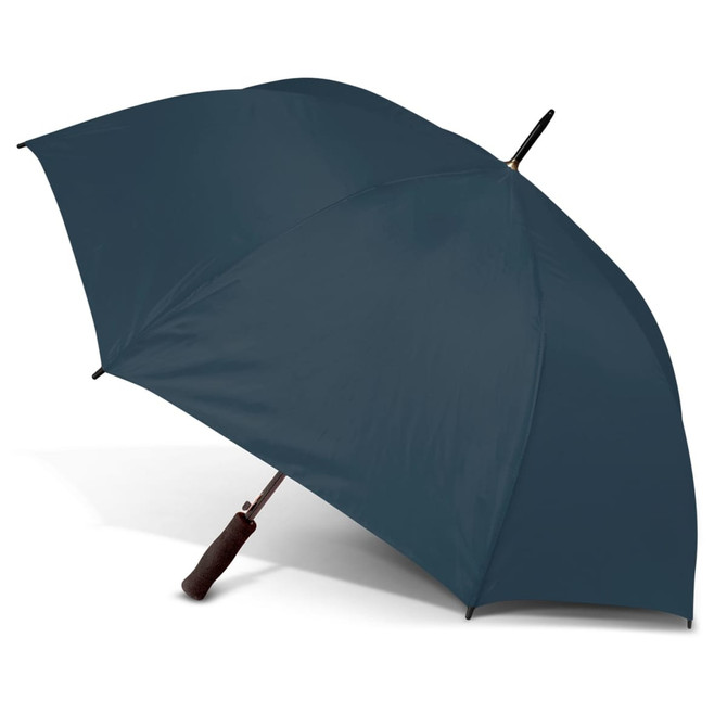 A dark teal umbrella with a wooden handle and a metal frame, featuring a logo on the canopy.