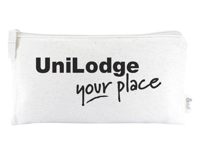 A white calico pencil case with a zip, featuring a branded logo and simple black text design.