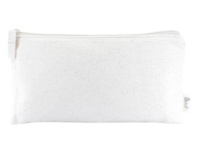 A white calico pencil case with a zip closure and a small logo on the side. Measures 10cm x 21cm.