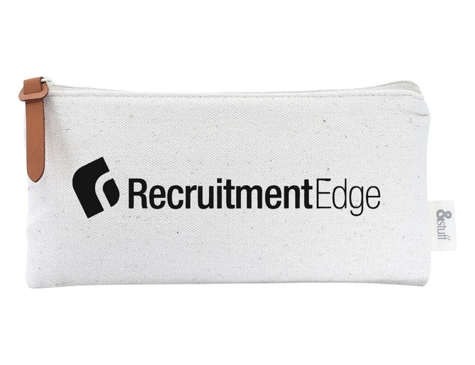 A white toiletry pouch with a leather zipper pull and a logo on the front. Ideal for travel accessories.