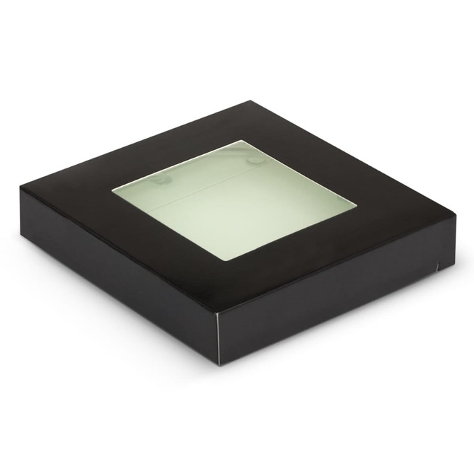 A set of four round glass coasters in full colour, packaged in a sleek black box with a transparent window.