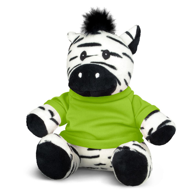 A plush zebra toy dressed in a bright green shirt, featuring black and white stripes and a tuft of black fur on its head.