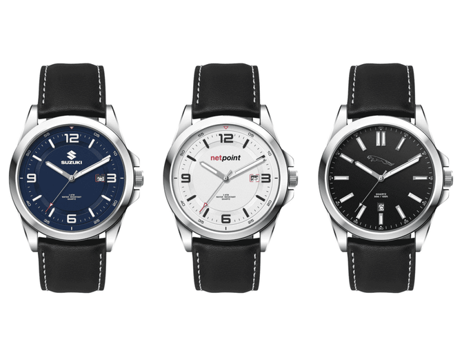 A casual unisex watch collection featuring leather straps, silver cases, and dials in blue, white, and black.