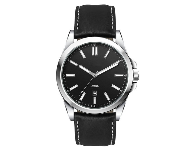 A casual unisex watch featuring a black face and a black leather strap, with a stainless steel case and a logo.