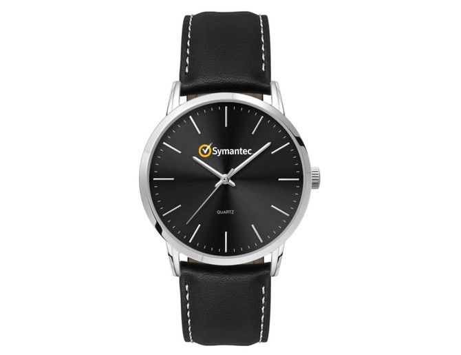 A men's dress watch with a black leather strap and a silver case featuring a black dial and branding.