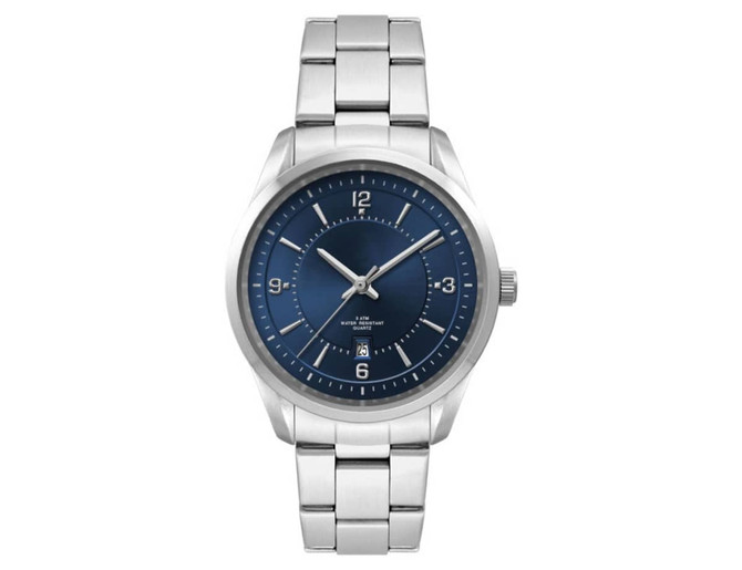 A stainless steel strap watch with a blue dial, featuring silver hour markers and a date display.