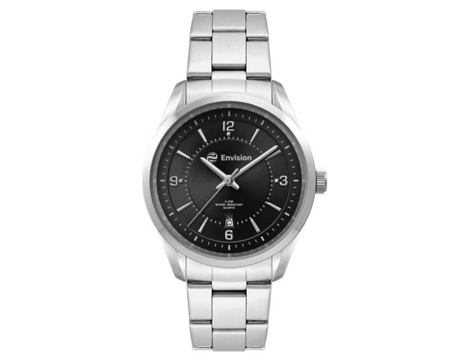 A stainless steel strap watch featuring a black dial, silver hour markers, and branding on the dial.