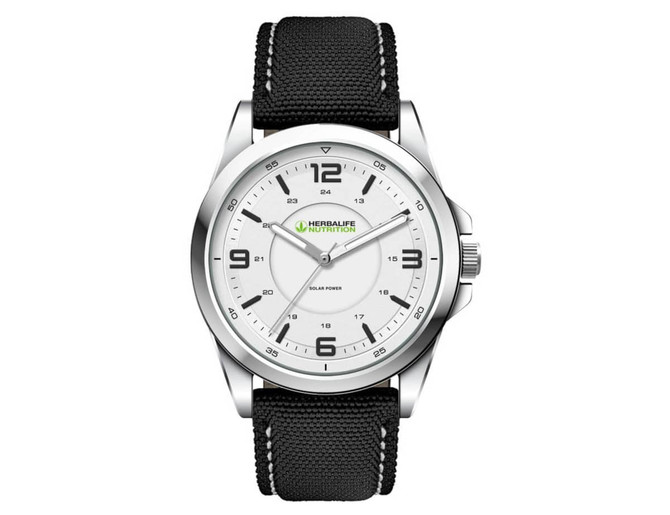 A Silver unisex watch featuring a white face and a black rPET strap, with a logo on the dial.