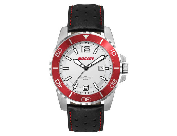 A sports watch with a white face, silver casing, and black leather strap featuring red accents and a logo.