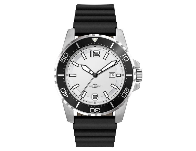 A sports watch featuring a white dial, black bezel, and silicone strap. It has a logo on the face.